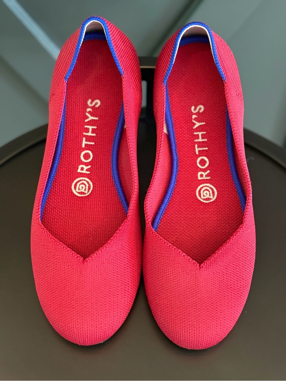 Rothy’s Red Knit Slip-On Flats with Blue Trim